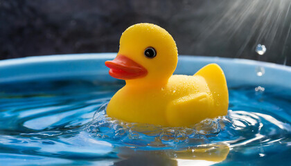 Yellow rubber duck in blue water. Swimming toy.