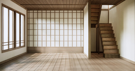 stairs wooden in muji room with white wall with wood wall design.