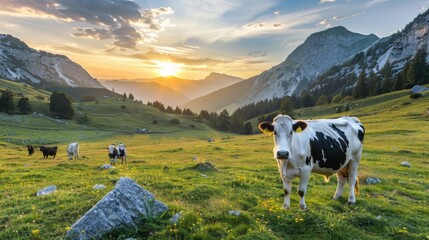 Green meadows in the mountains. Cows on natural pasture. Healthy food, organic products, unity with...