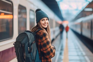 Fototapeta premium Beautiful young caucasian woman waiting for train for vacation, travel concept