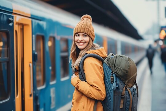 Beautiful young caucasian woman waiting for train for vacation, travel concept