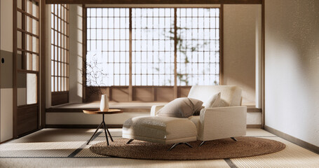 Interior mock up with armchair in japanese living room with empty wall.