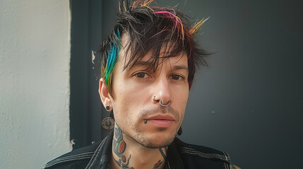 
homem gótico punk rocker com cabelo ruivo, muitas tatuagens - obrazy, fototapety, plakaty