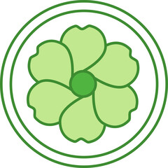 Green Organic Linen Icon. Natural Fabric. Symbolic Linen Garment Tag. Vector Round Badge, Sticker, Logo, Stamp, Tag. Flower Icon