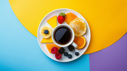 Vibrant Breakfast. A top view of a colorful breakfast setting with a cup of black coffee, pancakes, and assorted fruits arranged aesthetically on a white plate, set against a multicolored background. 