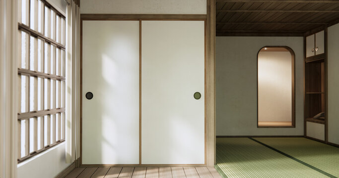 Shelf empty door on wall with tatami mat floor design Japan style.