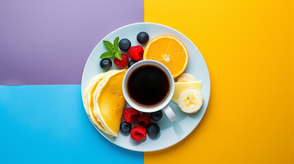 Vibrant Breakfast Spread. A colorful breakfast arrangement featuring golden-brown pancakes, fresh...