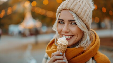 Cheerful senior lady enjoying ice cream in city park, perfect for adding text with ample space