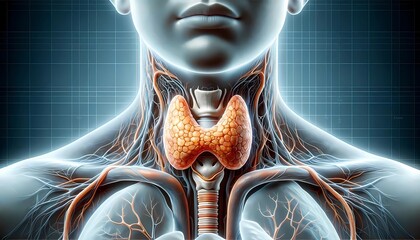 human endocrine system displaying the thyroid gland, Concept of endocrinology, thyroid health - obrazy, fototapety, plakaty