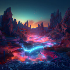 Neon Dreamscape with swirling neon lines, creating glowing path between surreal dreamy canyons V2