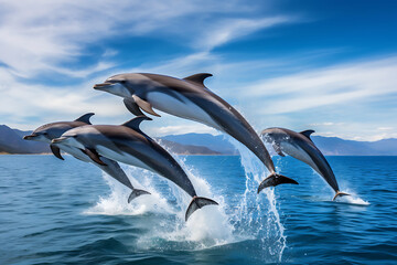 group of dolphins leaping joyfully above ocean waves in the clear blue sky