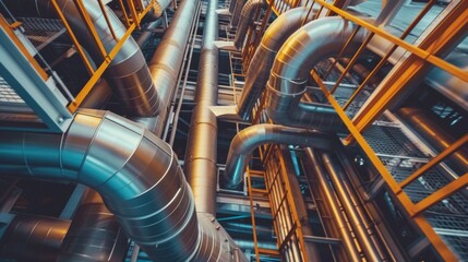 Industrial steel pipes or tubes of air ventilation system as abstract industry equipment background in blue tones