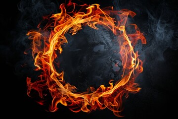 Circular frame created with blazing flames in circular shape against a dark background