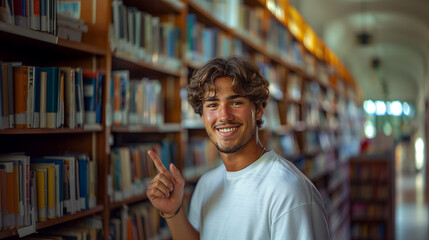 A hispanic young man is smiling and pointing at a book on a library shelf. 