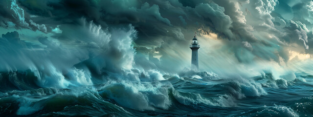 Dramatic stormy sea with lighthouse standing firm