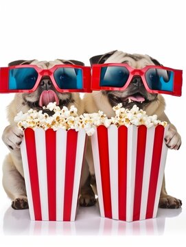 Funny pug dog hipster with cool red sunglasses holding popcorn and watching movie. Premiere, creative idea. Television and viewers, concept