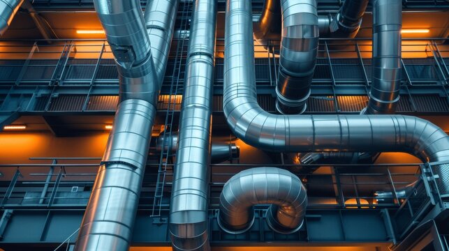 Industrial steel pipes or tubes of air ventilation system as abstract industry equipment background in blue tones