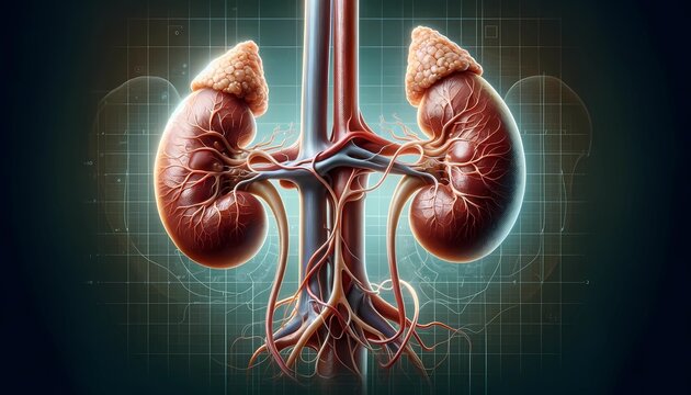Anatomical rendering of human kidneys and urinary system, concept of nephrology, renal function, and urological health