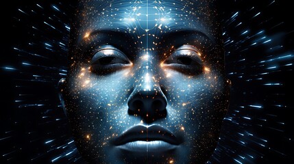 abstract digital human face composed of a constellation of dynamic, glowing data points and geometric lines, set against the backdrop of a digital cosmos, Art