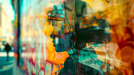 Silhouette of a person overlaid with vibrant graffiti art.