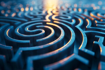 Intricate maze design with reflective surfaces highlighted by the warm glow of the setting sun - obrazy, fototapety, plakaty