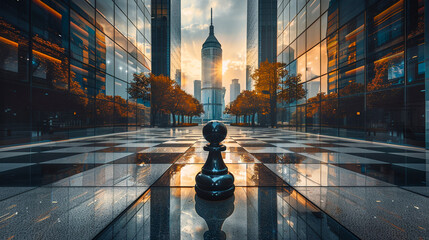 Chess pawn standing on a reflective surface with skyscrapers and warm sunrise in the background - obrazy, fototapety, plakaty