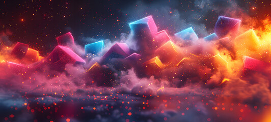 Vibrant 3D render of glowing geometric shapes resembling mountains under a starry sky, showcasing a fantasy cosmic landscape