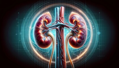 Anatomical rendering of human kidneys and urinary system, concept of nephrology, renal function, and urological health