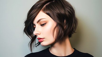 Fototapeta premium A woman with a short bob haircut and red lipstick