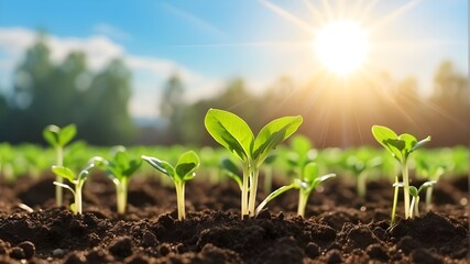 Ecology concept: seedlings are emerging from the fertile soil and brilliant morning sun. broad, panoramic banner with digital AI.