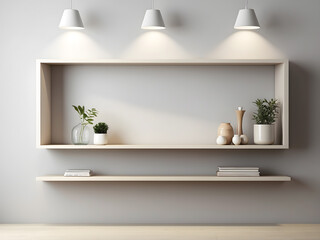 Modern empty shelf hanging on light wall design.