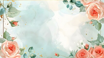 Graceful watercolor rose garden border with aquamarine shades and golden accents