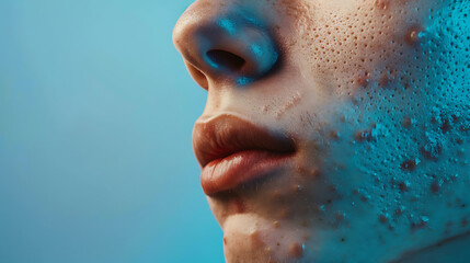 Young woman's face closeup with active acne and scene marks, copy space for advertisement banner,  skin problems, blue background