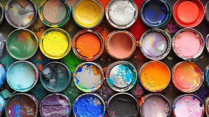 Assorted open paint cans displaying vibrant mix of colors on multicolored background