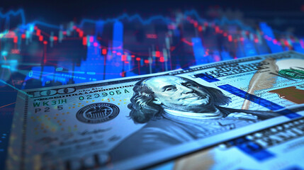 A close-up of a 100 bill with a graph of the stock market in the background. The scene is one of...