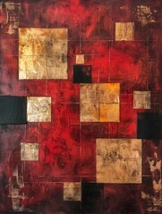 A painting featuring various squares arranged on a vibrant red background, creating a striking geometric pattern