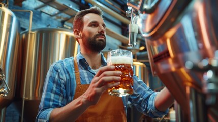 Expert brewer in apron holds glass of craft beer and checking quality and color. Worker man sommeliers taste drink on brewery factory.