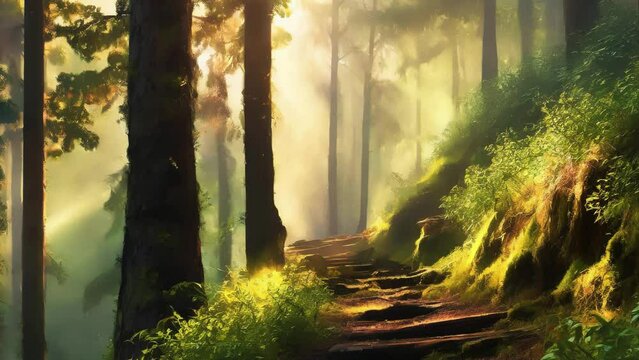 Ascending Misty Rainforest Path at Sunrise: Sunbeams Pierce Through Eerie Fog for an Enchanting Journey