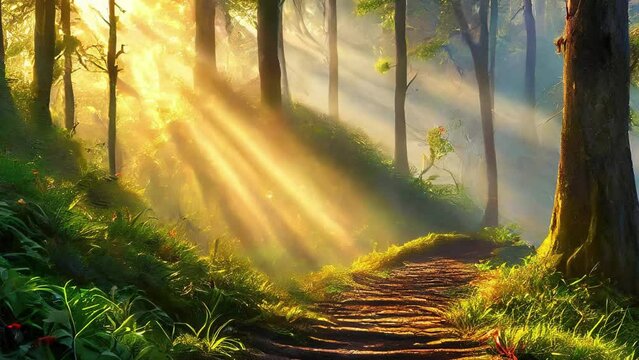 Ascending Misty Rainforest Path at Sunrise: Sunbeams Pierce Through Eerie Fog for an Enchanting Journey