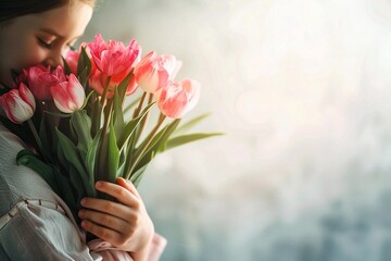 Happy little girl with a bouquet of pink tulips on a light background. Copy space