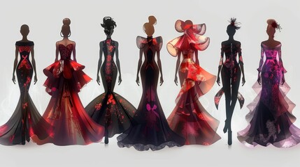 Fototapeta premium A collection of artistic illustrations displaying elegant evening gowns with floral and abstract motifs, perfect for high fashion concepts.