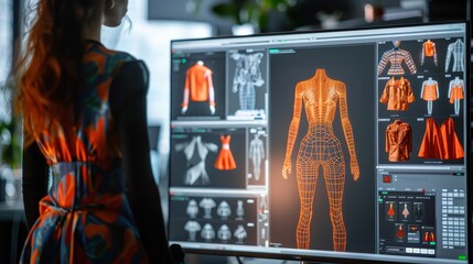 A fashion designer evaluates 3D digital garment models on a computer screen, showcasing modern design technology in the apparel industry.