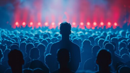 One individual stands out amidst a sea of silhouetted concertgoers, highlighted by the dramatic stage lighting at a live music event.