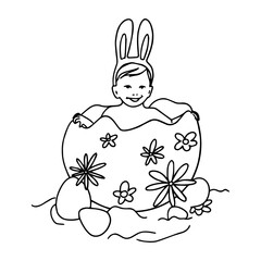 Egg with baby, Easter illustration in line art style.