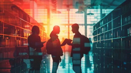Silhouettes of students engage in a discussion within the futuristic environment of a digital library, where traditional learning meets cutting-edge technology.