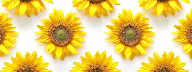 A group of sunflowers with vibrant yellow petals and detailed center circles, arranged in an aesthetically pleasing pattern on a white background Generative AI