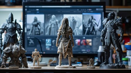 A collection of intricately 3D printed fantasy figures displayed on a desk, with a computer screen showcasing the digital modeling process in the background.