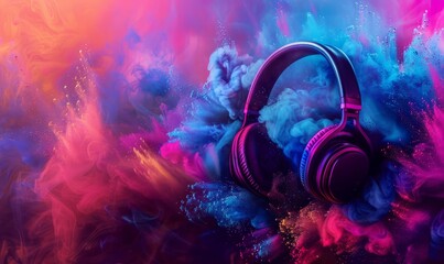 world music day banner with headset headphones on abstract colorful dust background - obrazy, fototapety, plakaty