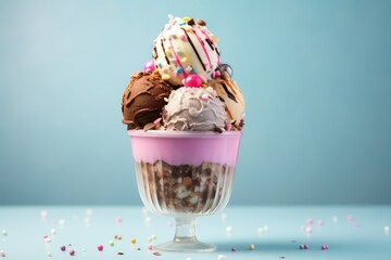 Colorful ice cream in glass bowl on table on bright background