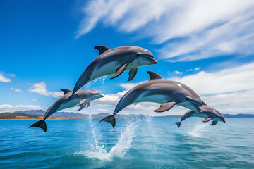 Naklejka premium group of dolphins leaping joyfully above ocean waves in the clear blue sky